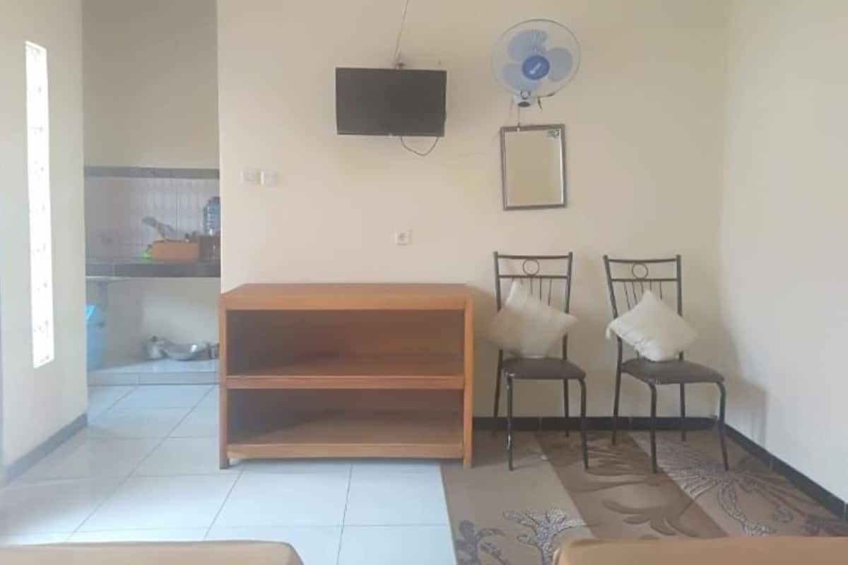 Uma sala de estar com televisão, ventoinha, duas cadeiras e um armário de madeira.