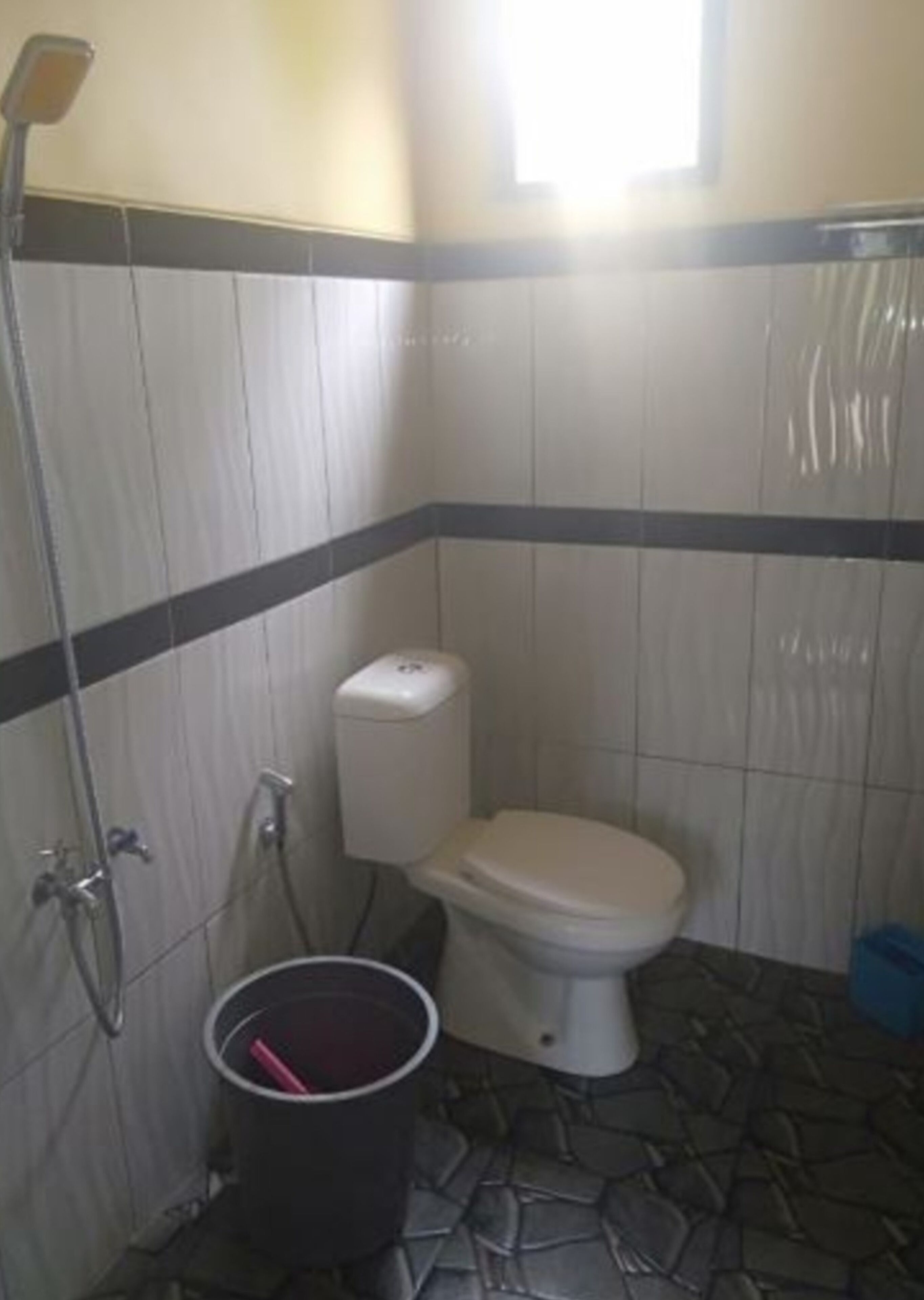 Une petite salle de bain avec des toilettes, une douche et un seau.