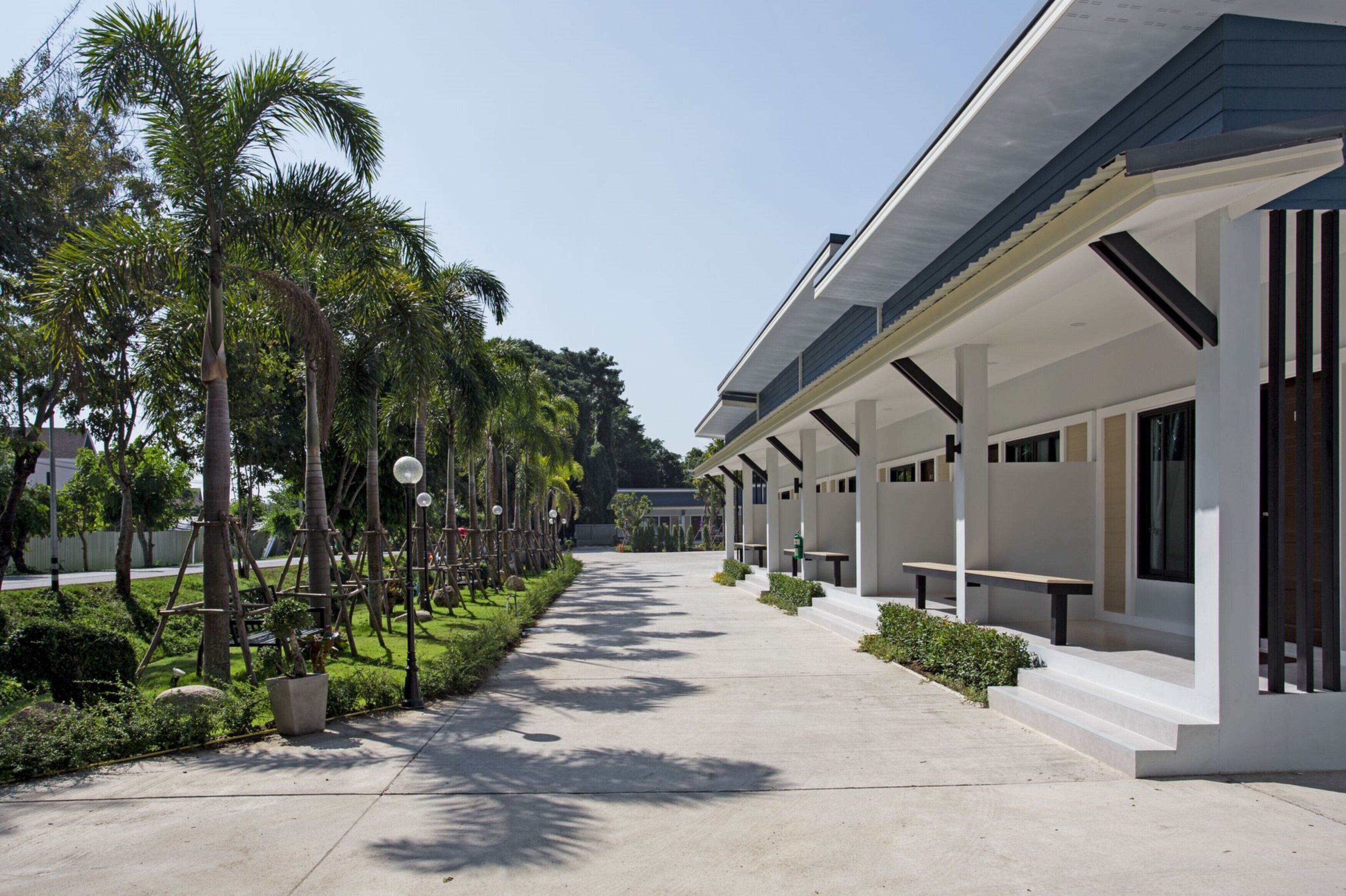 A modern building with a covered walkway, palm trees, and benches.