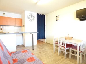 A compact living space with a kitchenette, a dining area with a table and chairs, and a sofa.