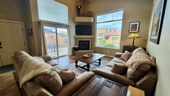 TV, fireplace, DVD player, books