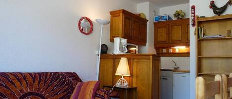 A compact living space with a sofa, a lamp, a small table, wooden cabinets, a kitchenette, and a bookshelf.