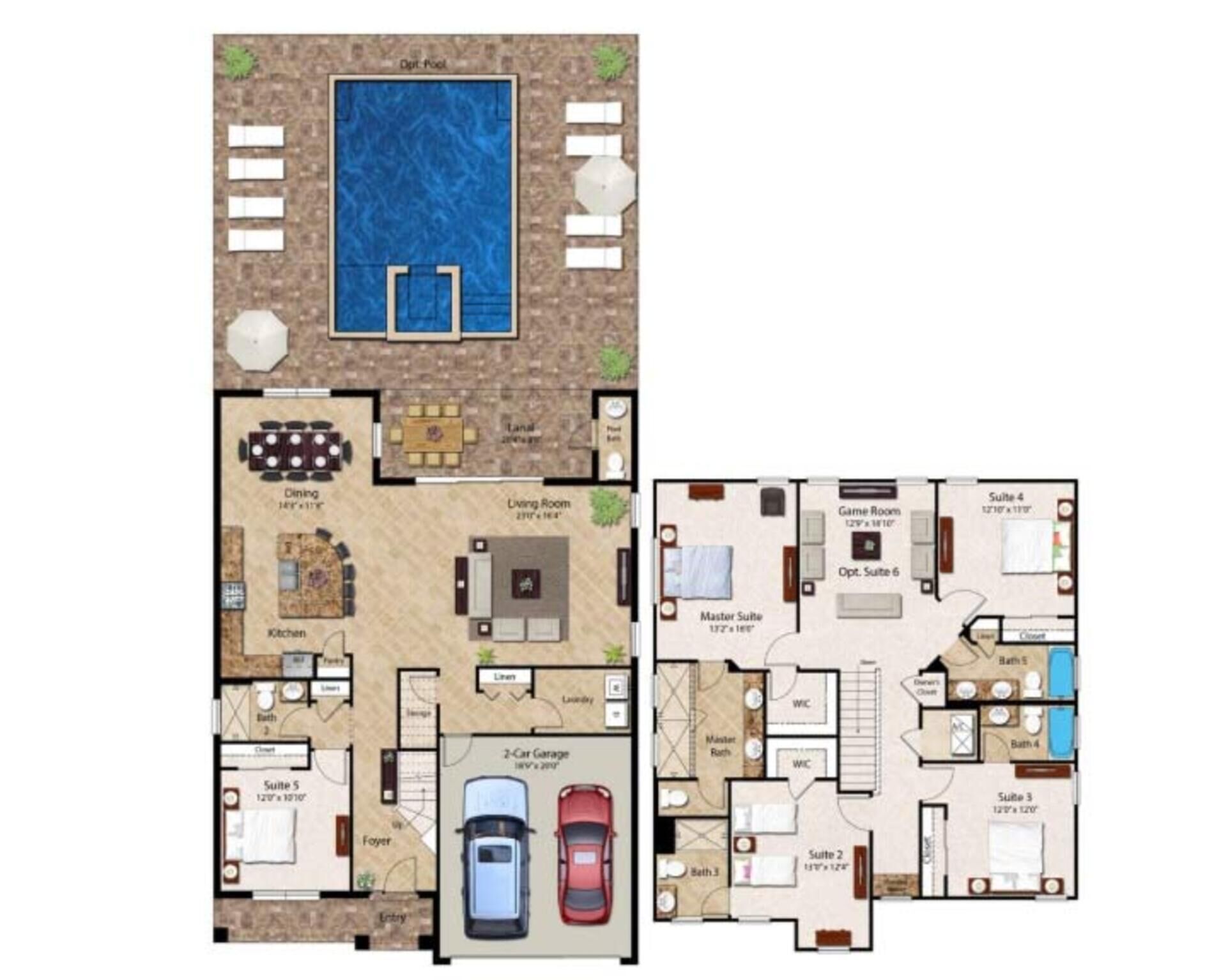 A 2-story building with a swimming pool, multiple bedrooms, a dining area, a kitchen, and a 2-car garage.