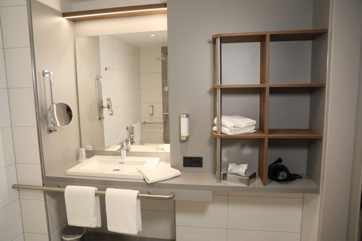 comfort plus double room | bathroom | shower, rainfall showerhead, hair dryer, towels