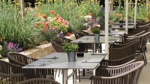 An outdoor dining area with wicker chairs and tables, surrounded by a variety of flowers and plants. - Hotel INCLUDiO (Regensburg)