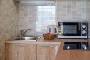 Dobbeltværelse (Double Room with Terrace and Sea View) | Privat tekøkken | Køleskab, mikrobølgeovn, kogeplade, elkedel