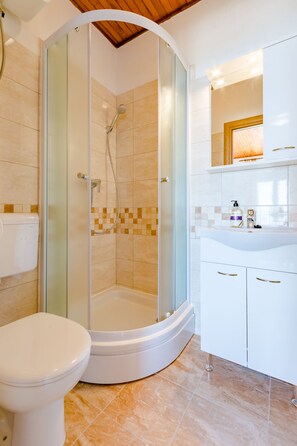 A modern bathroom with a glass-enclosed shower, a white toilet, and a sink with a mirror above it. - Rooms Sani (Brela)