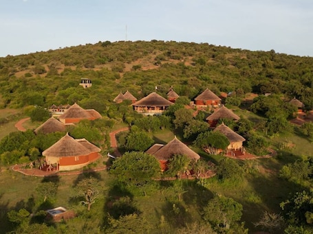 Aerial view. Africa Safari Maasai Boma