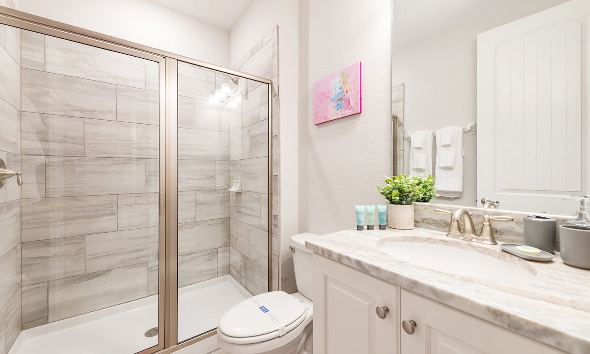 A modern bathroom with a glass-enclosed shower, a toilet, a sink with a marble countertop, and a mirror.