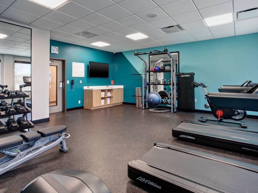 A gym with cardio equipment, dumbbells, and a weight rack.