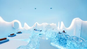 Ein Zimmer mit Eiskühlerbetten, einer weißen Decke und Einbautenbeleuchtung.