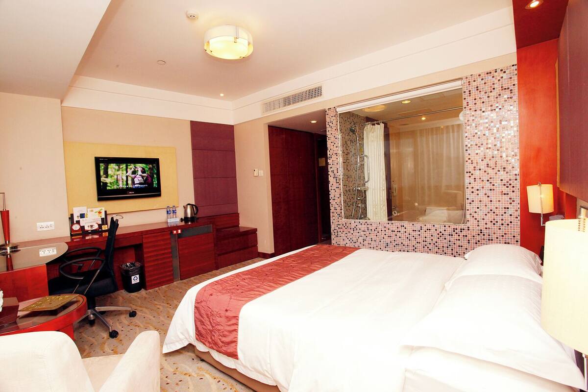 Une chambre d’hôtel comprenant un lit, un bureau avec une chaise, une télévision et une salle de bain avec douche.