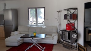 Um espaço de estar compacto com sofá, uma mesa pequena, um tapete vermelho, frigorífico, aquecedor e janela com vista para o exterior.