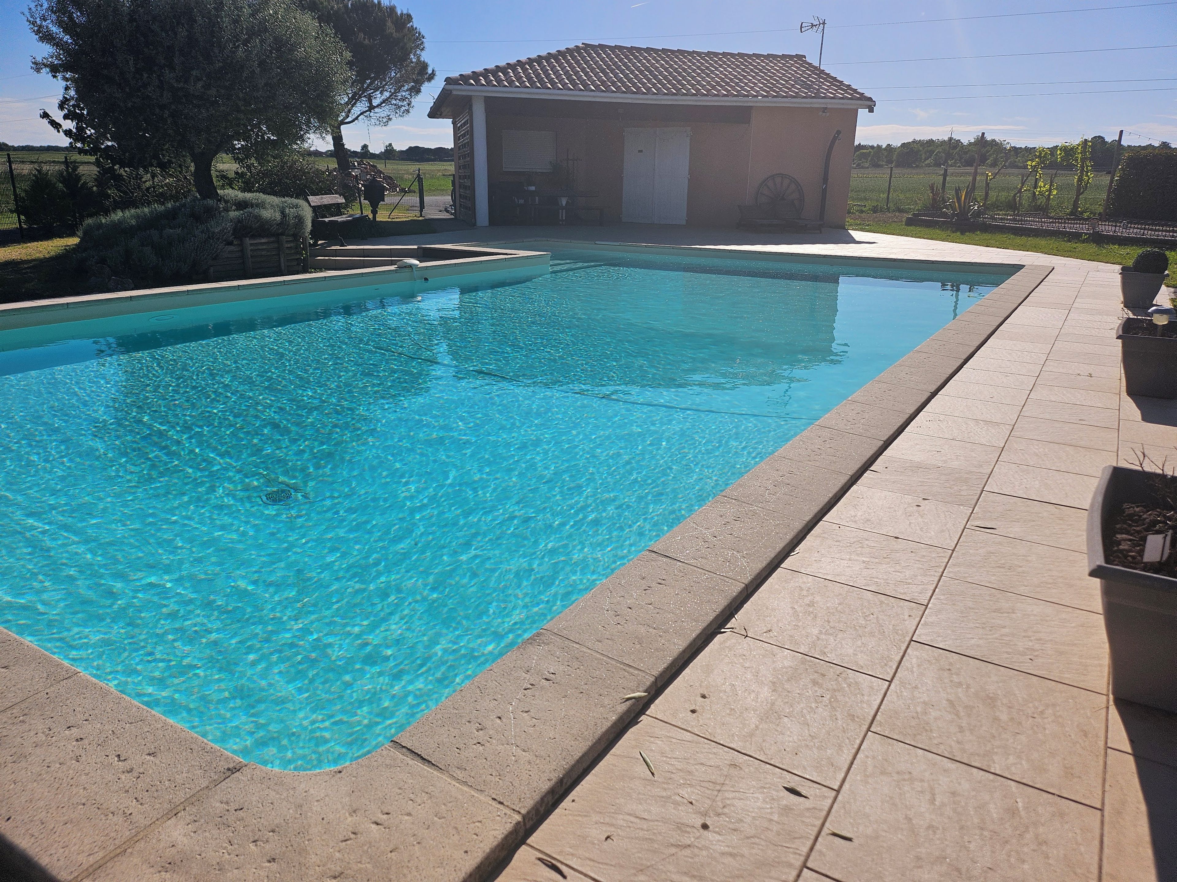Una piscina rectangular con agua cristalina y azul, rodeada por una solana con baldosas.