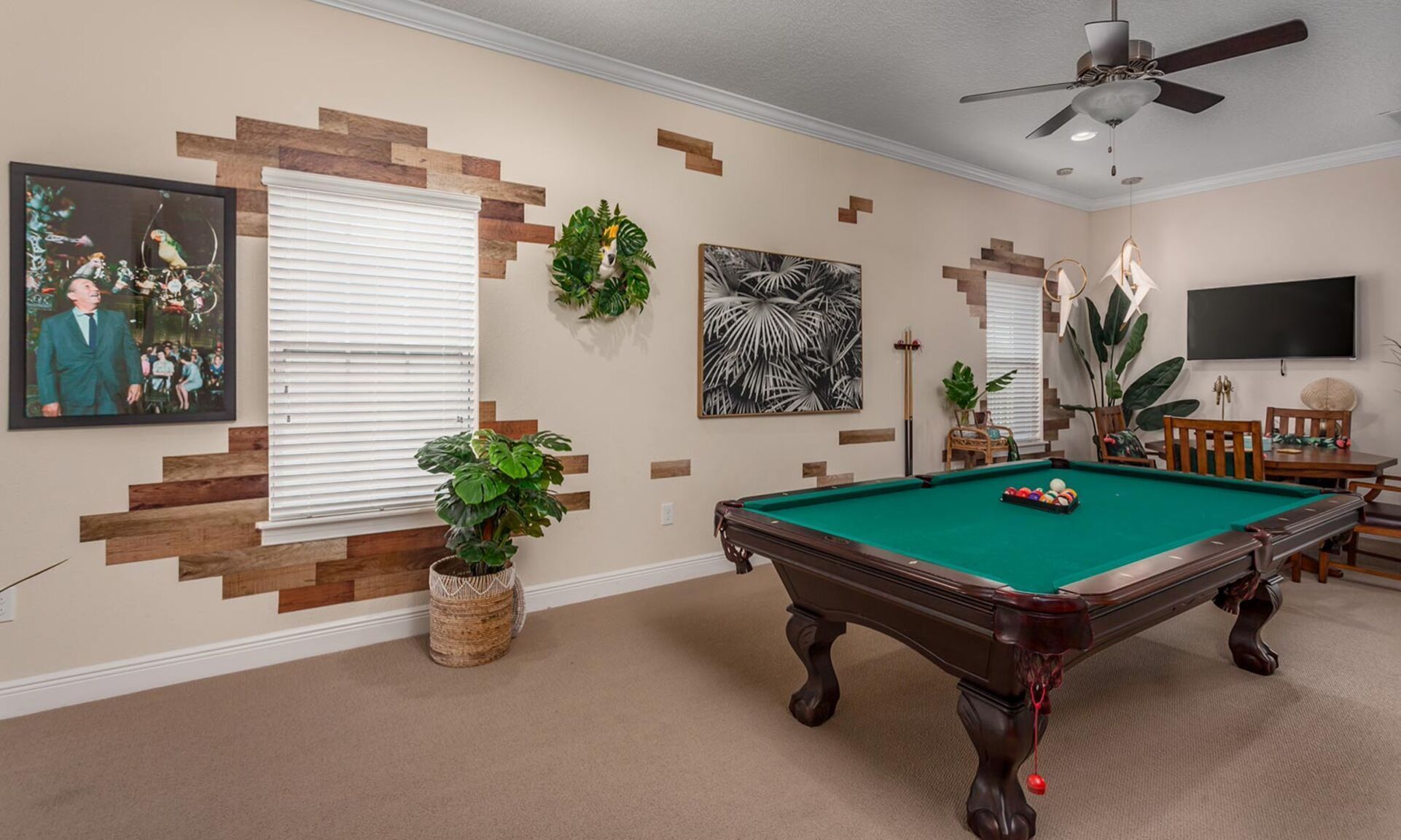 A pool table in a room with a ceiling fan, a television, and a framed picture on the wall.