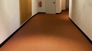 A hallway with a carpeted floor, a wooden door labeled "TERBULA APARTMENT PLANTAS," a fire extinguisher, and an elevator.