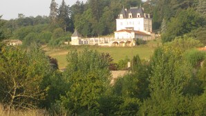 A large, historic building with multiple towers and a prominent central structure, surrounded by lush greenery and trees. - Chateau Du Mas - Classic, Elegant, Beautiful (Dignac)
