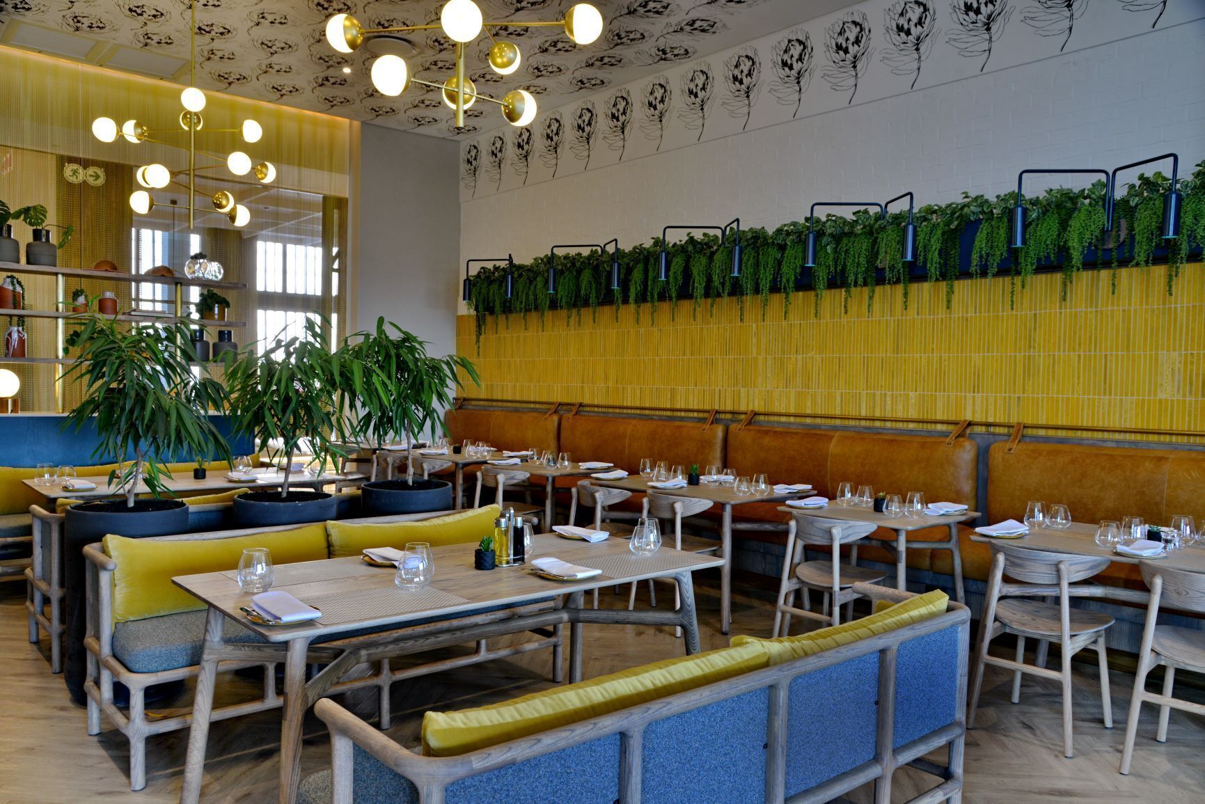 A restaurant interior with wooden tables and benches, hanging plants, and a patterned ceiling.
