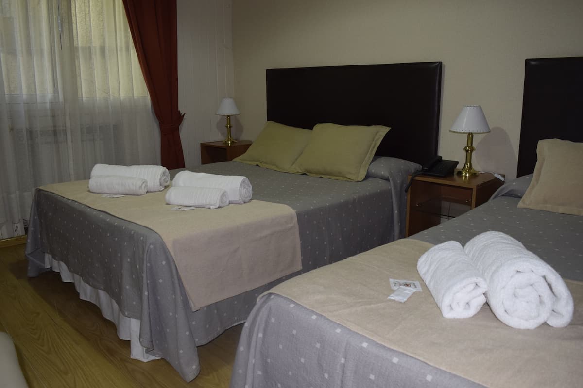 Habitación de hotel con dos camas, cada una con una almohada, una mesita de noche con lámpara y toallas enrolladas sobre las camas.