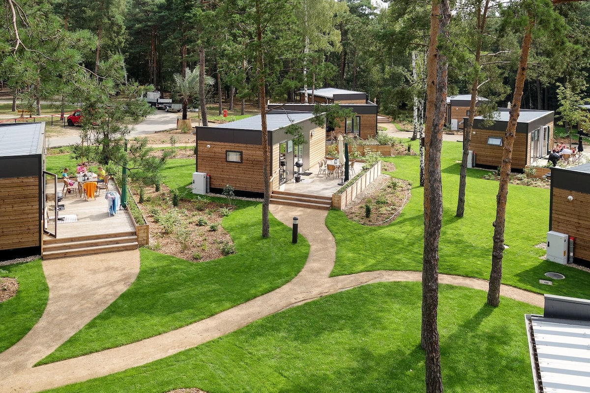 Un espacio exterior moderno con cabañas de madera, un camino pavimentado y un césped.