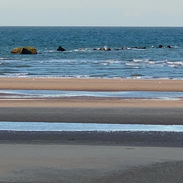 A beach with waves, a sandy shore, and rocks in the water. - Large family Suite garden view (Barbeville)