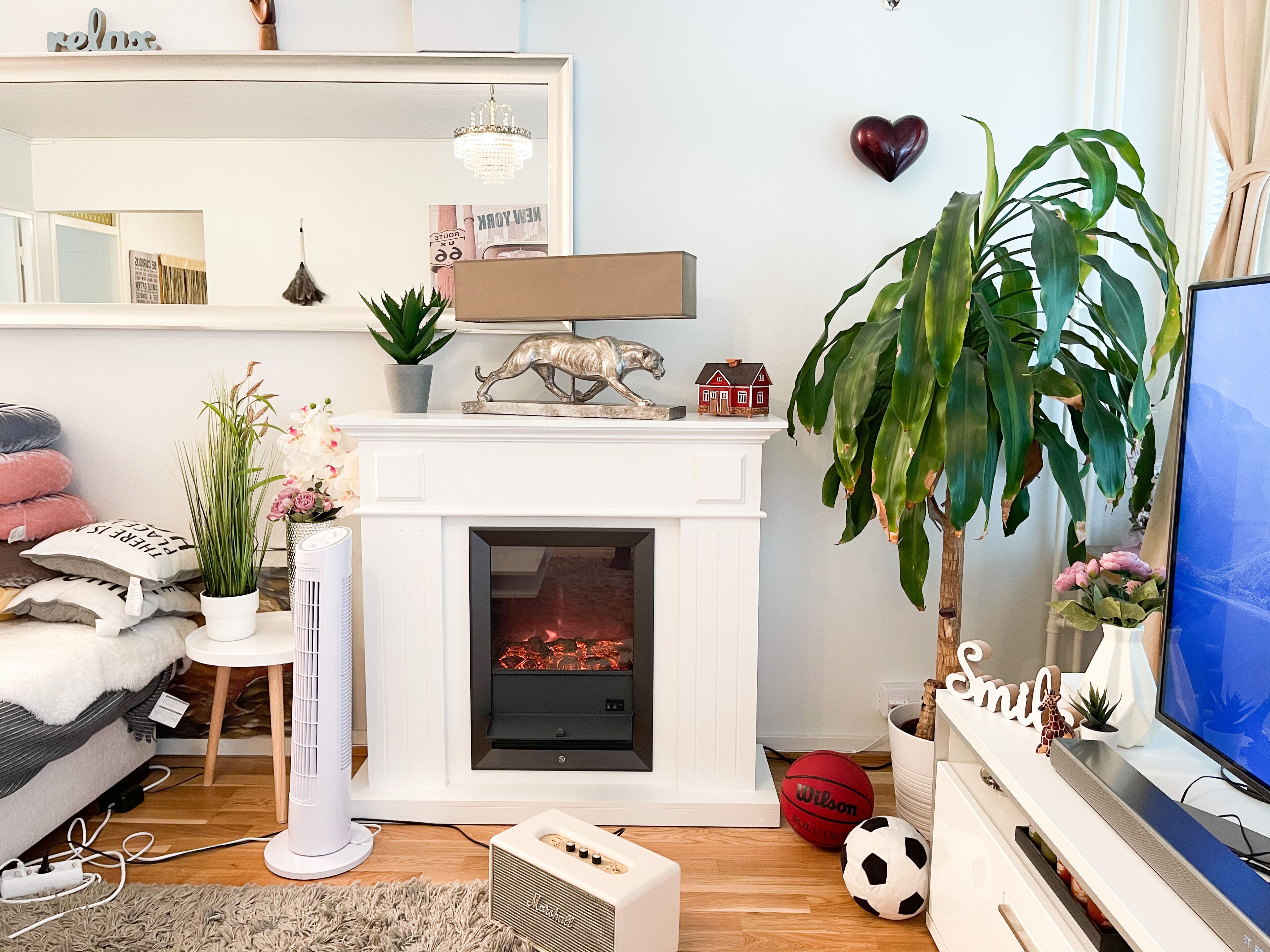 A living room with a fireplace, a television, and a large green plant.