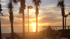 Zona de piscina con vista al atardecer, palmeras y un muelle al fondo.