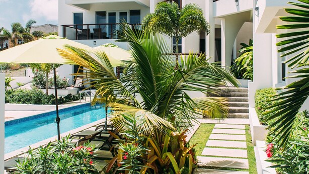 A modern hotel with a pool, palm trees, and a clear sky.