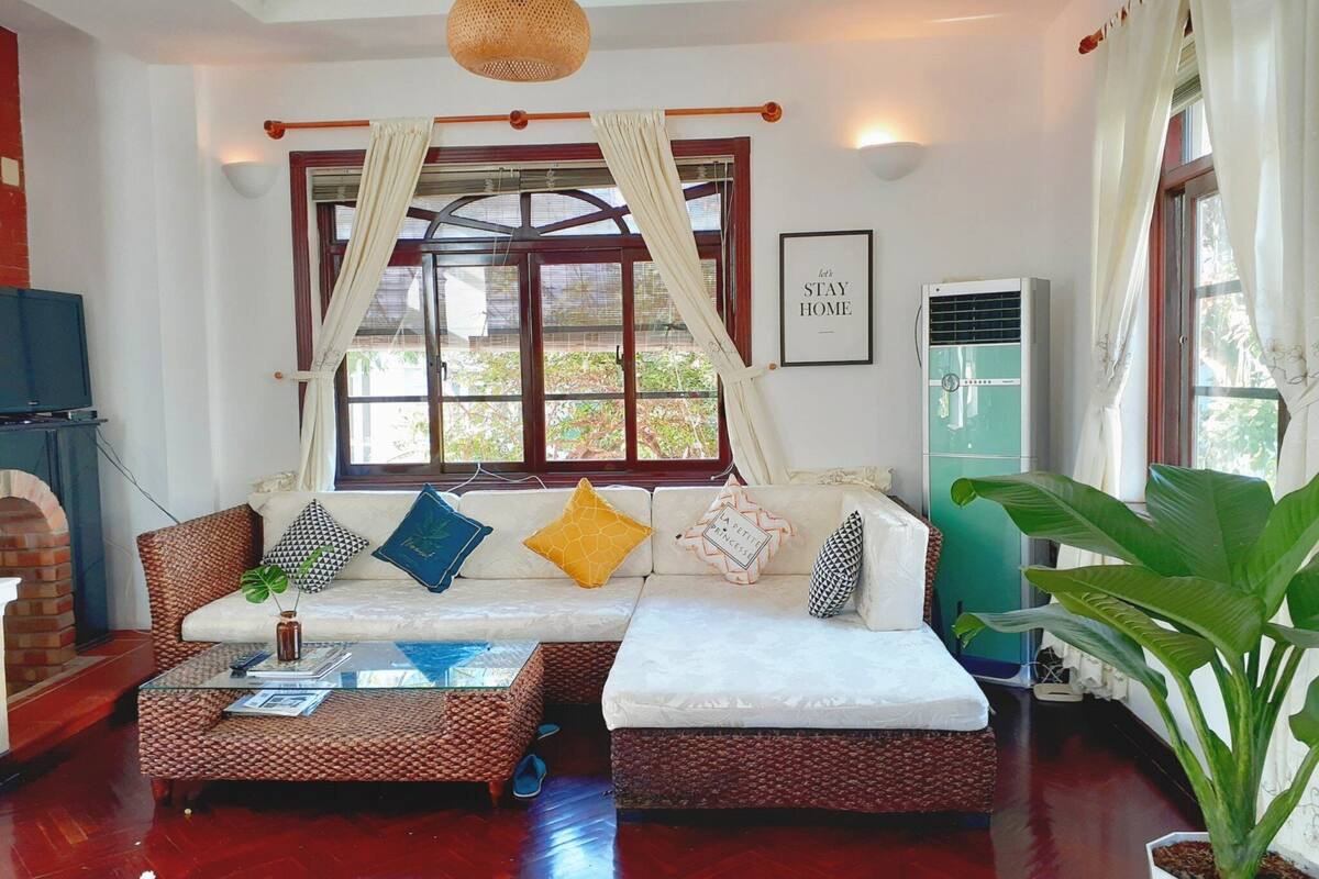 A cozy living room with a sofa set, a coffee table, and a large potted plant.