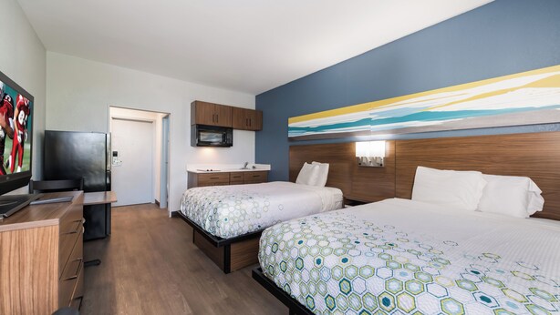 Habitación de hotel con dos camas, un escritorio, un televisor, microondas y baño.