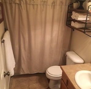 Combined shower/bathtub, hair dryer, towels, soap