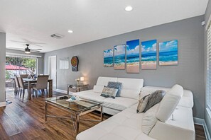 TV, fireplace, books