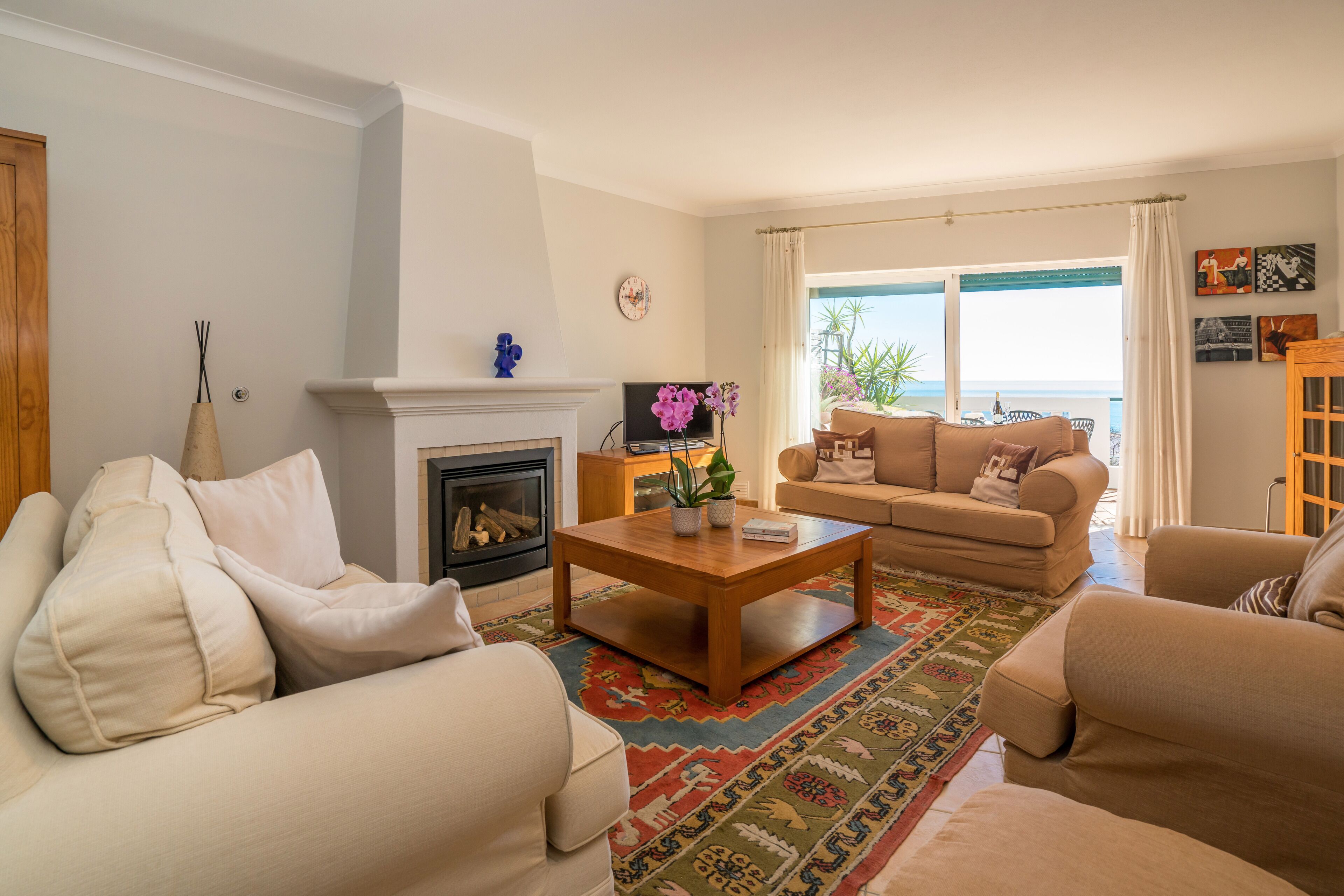 Smart TV, fireplace, books