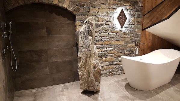 Douche, baignoire à jets, sèche-cheveux, serviettes fournies