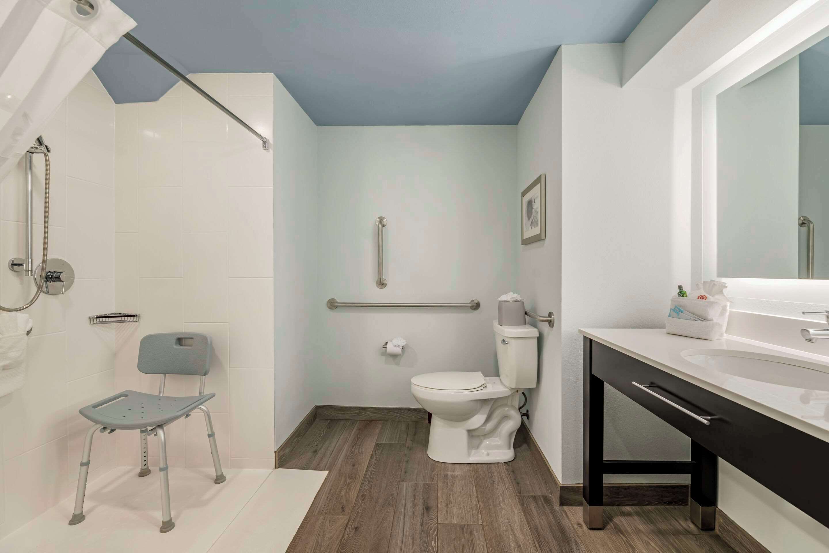 Un baño con ducha, inodoro y tocador con espejo.