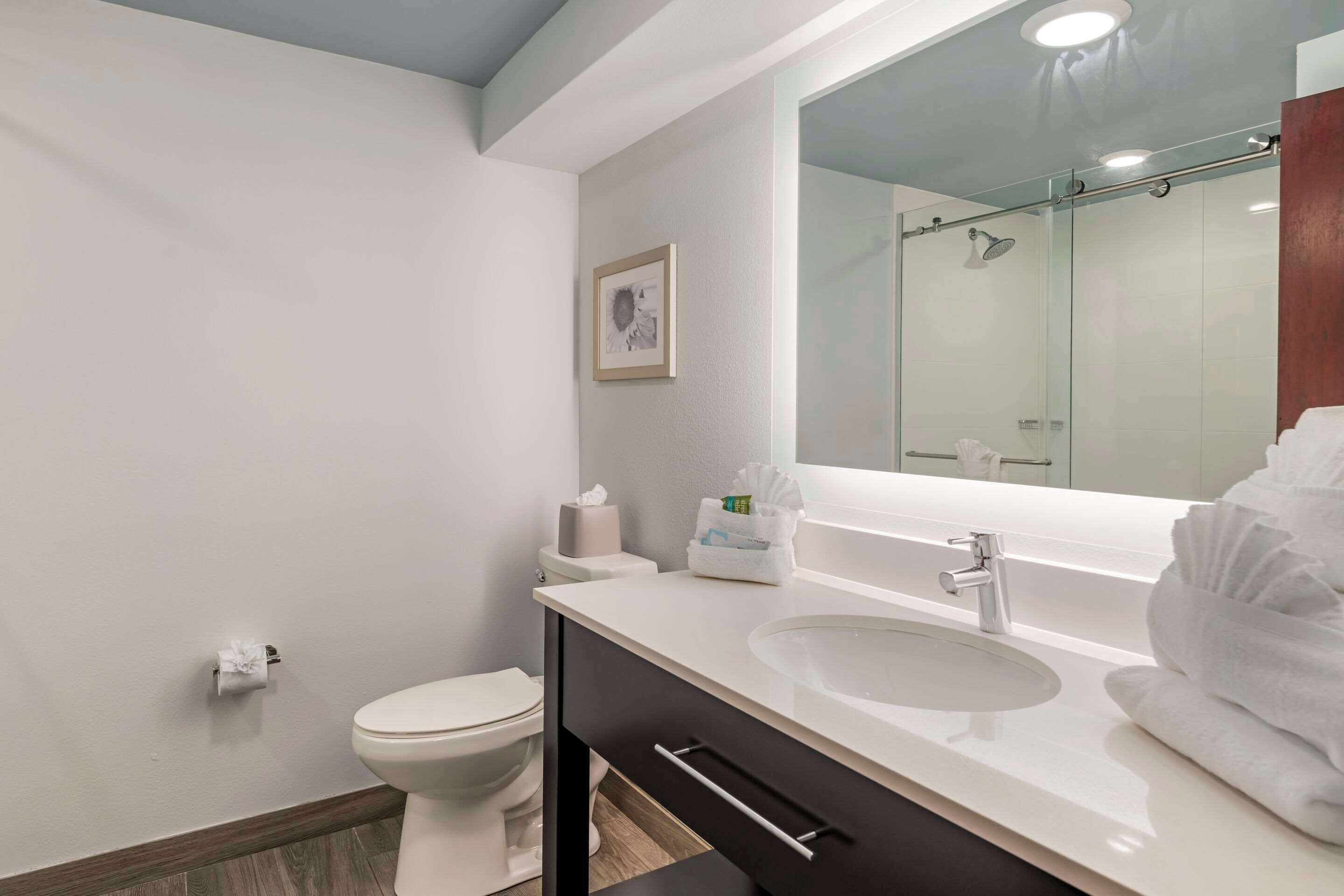 A modern bathroom with a white sink, a large mirror, and a glass shower enclosure.