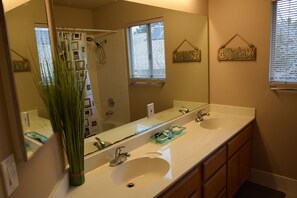 Combined shower/bathtub, hair dryer, towels, soap