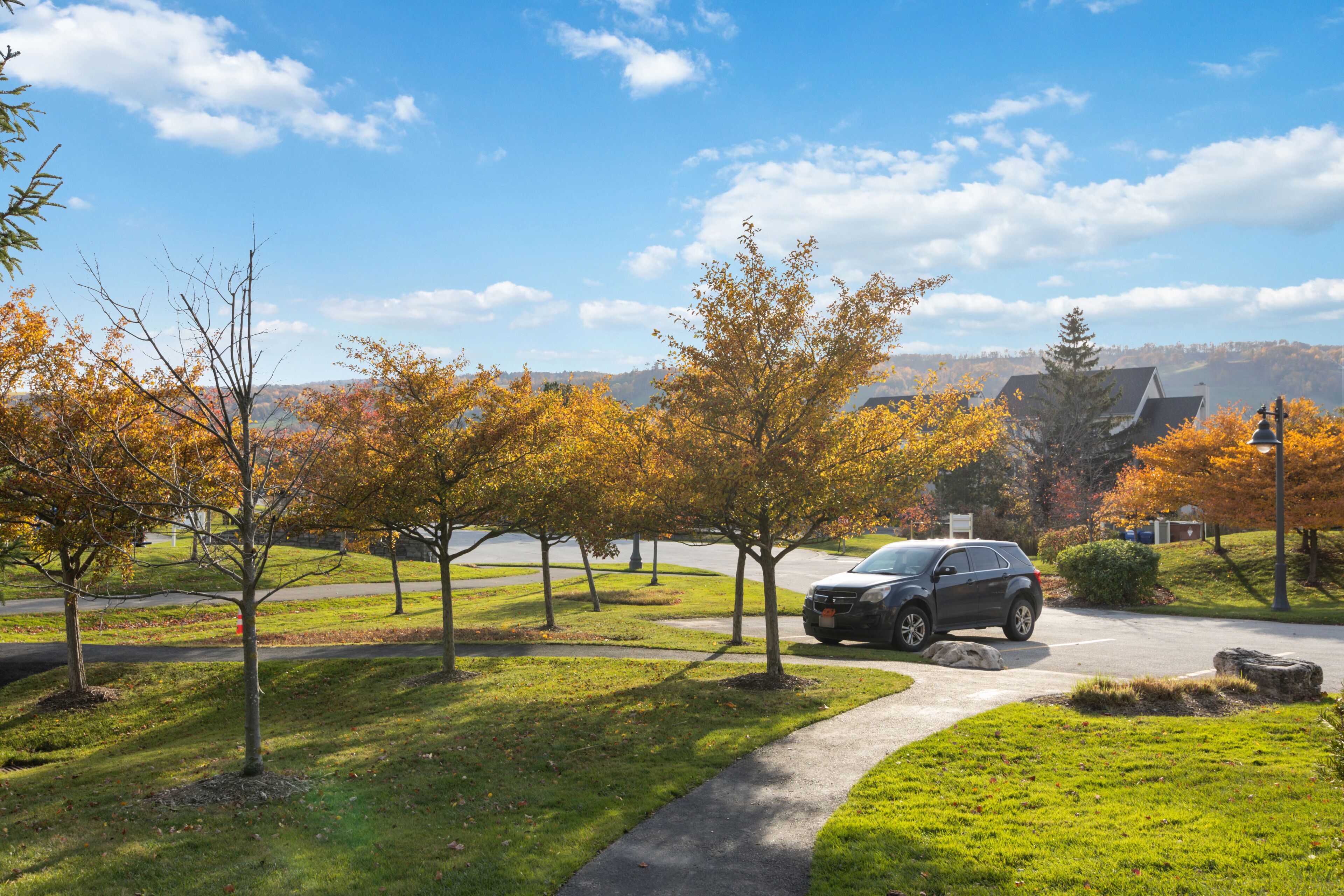 A suburban street with autumn foliage, a parked SUV, and a clear sky.