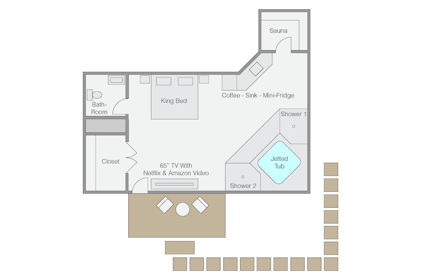 Grundriss mit Kingsize-Bett, Bad, Kleiderschrank, Kaffee-Ecke, Sauna, Whirlpool und 65-Zoll-Fernseher mit Netflix & Amazon Video.
