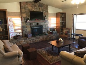 Smart TV, fireplace, books