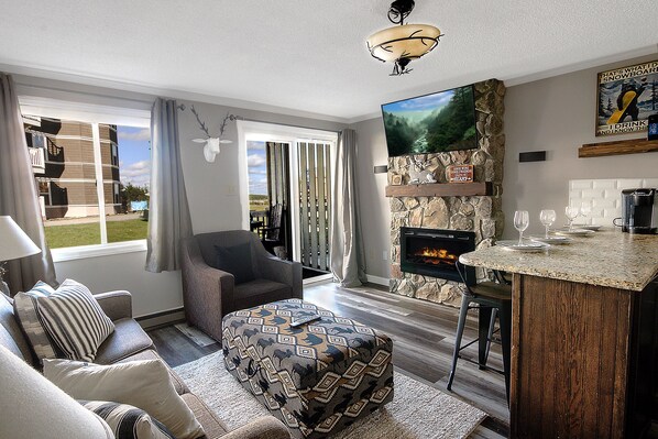 Smart TV, fireplace, books