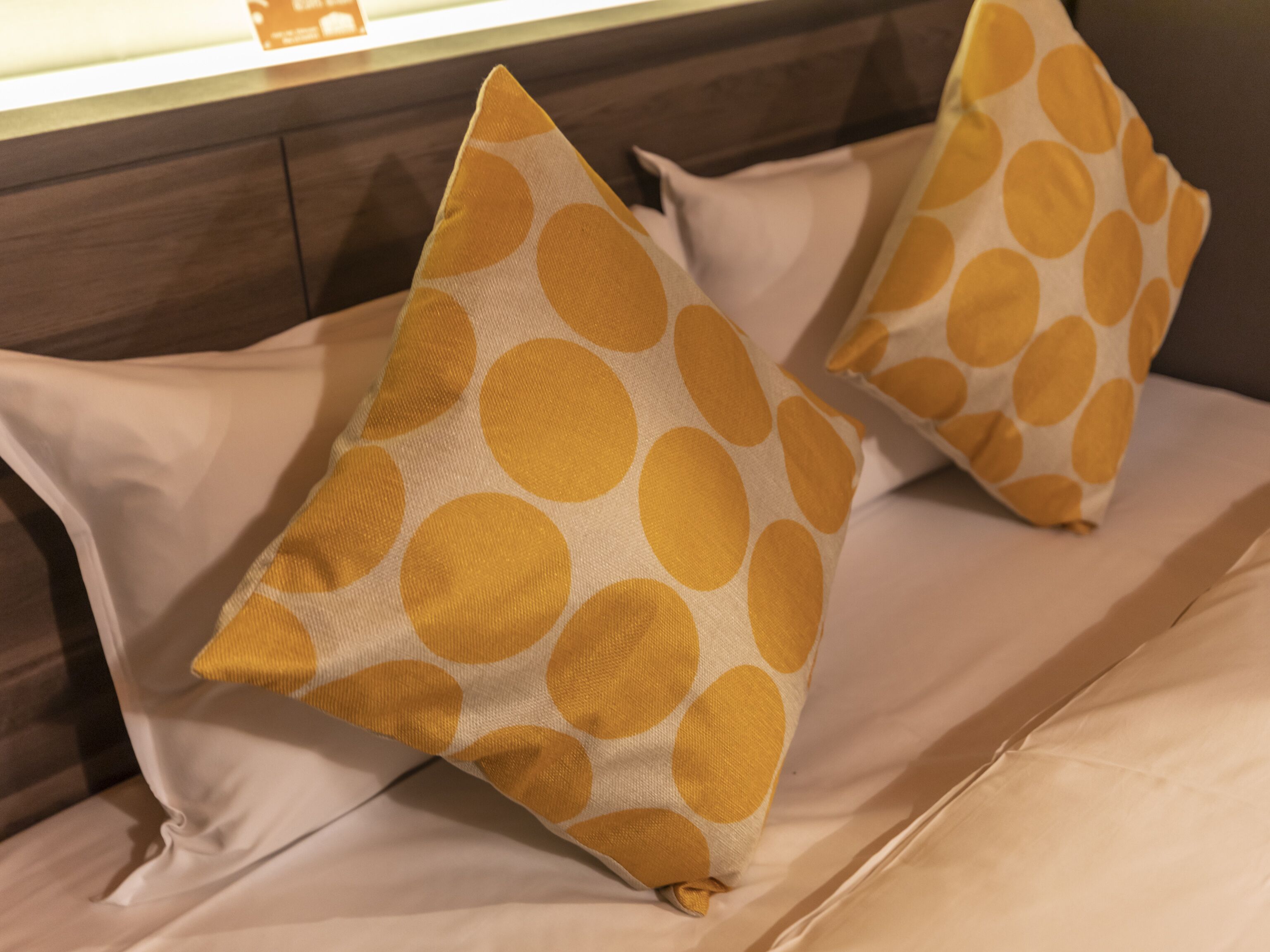 A bed with two pillows featuring a polka dot pattern.