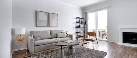 Télévision, cheminée, chaîne hi-fi