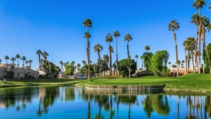 A serene golf course with a calm pond reflecting palm trees and buildings. - Access to Gym/Golf/Tennis/Pickleball via platinum membership. (Palm Desert)