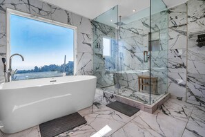 Bathtub, hair dryer, shampoo