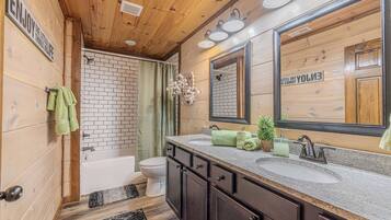 Combined shower/tub, hair dryer, towels, soap