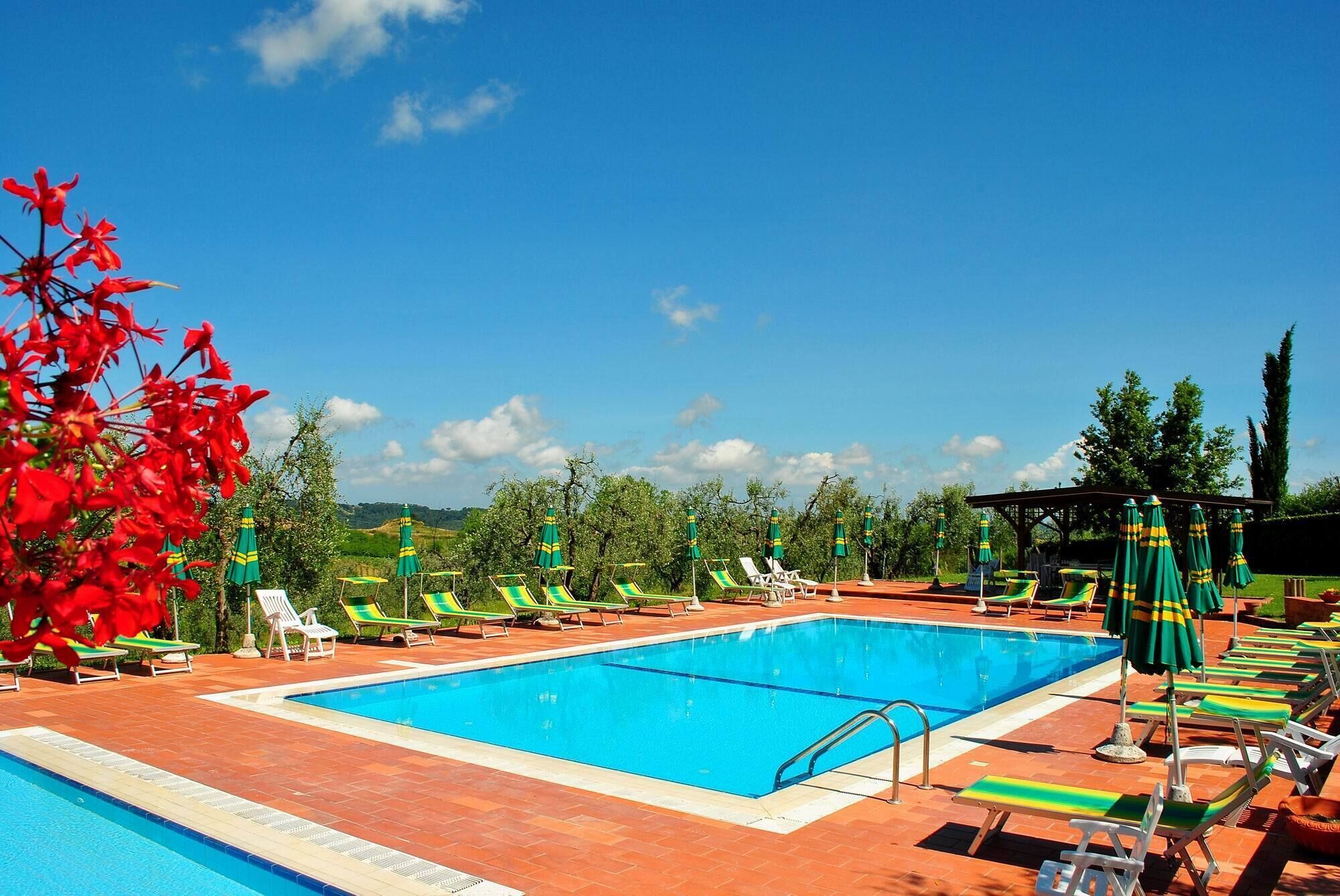 A swimming pool with lounge chairs and umbrellas, surrounded by trees and a clear sky.