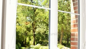 Une vue à travers une fenêtre, avec un mur de briques et un chemin de jardin.