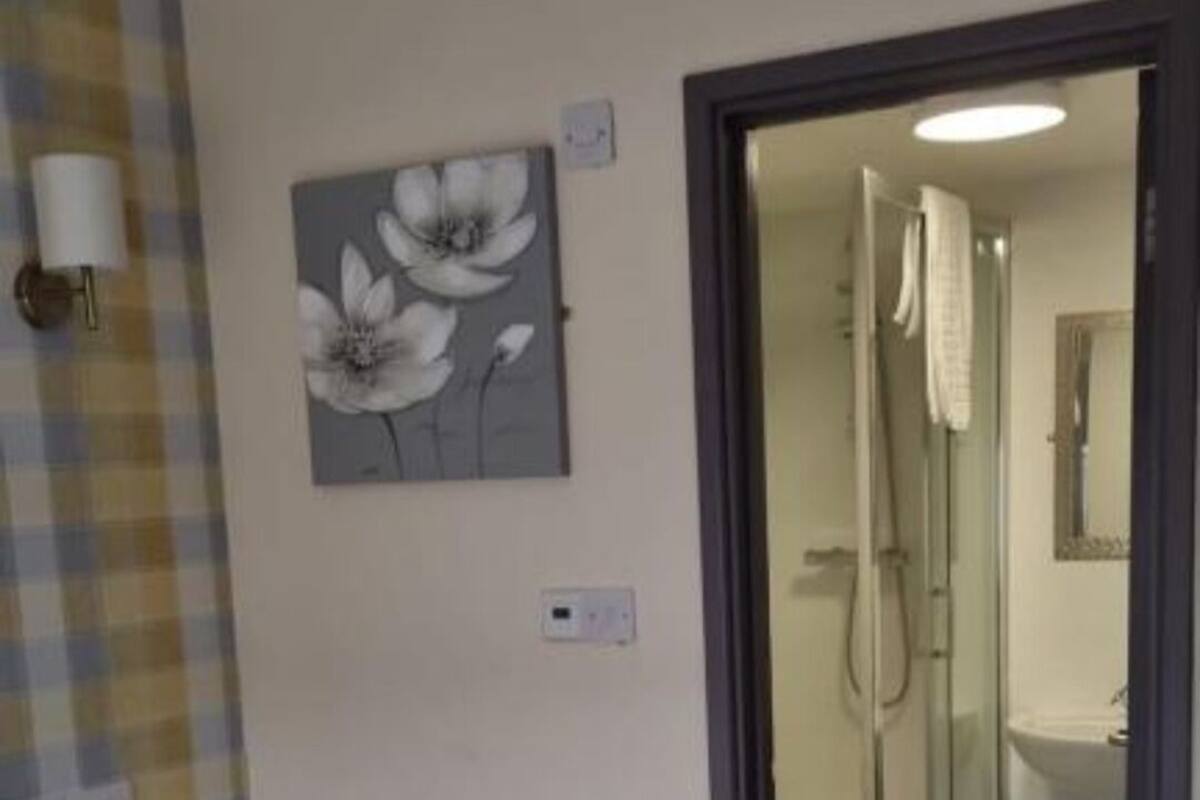 A hotel room with a bed, a nightstand, a painting of flowers, and a shower area visible through an open door.