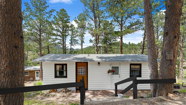 A cabin with a wooden deck, a front door, and a mailbox.